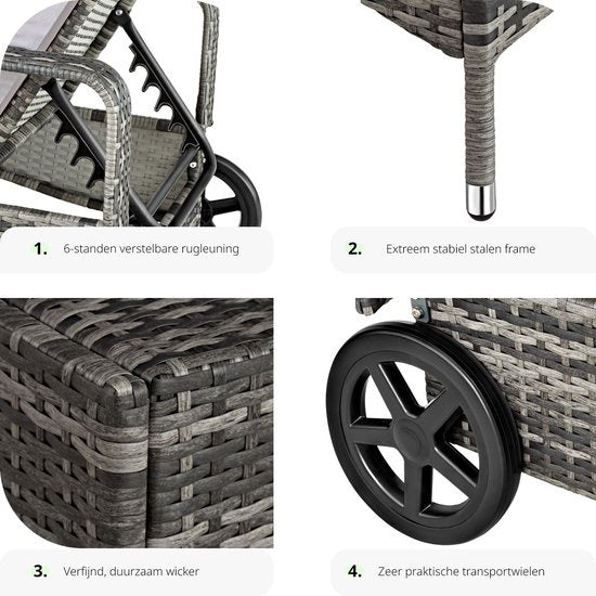 Tectake - Liegestuhl - Geflochten - verstellbare Rückenlehne - 200 x 70 x 33 cm - 404588 - grau