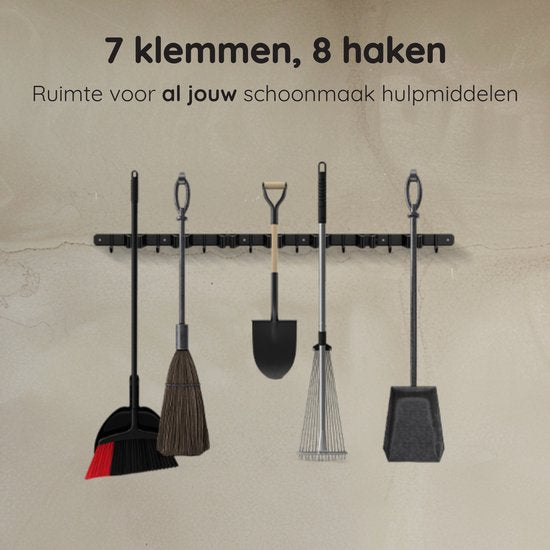 Volcan Besenhalter - Besen Aufhängesystem Gartengeräte - Werkzeughalter - 3M Band - 7 Halter 8 Haken - Edelstahl Schwarz