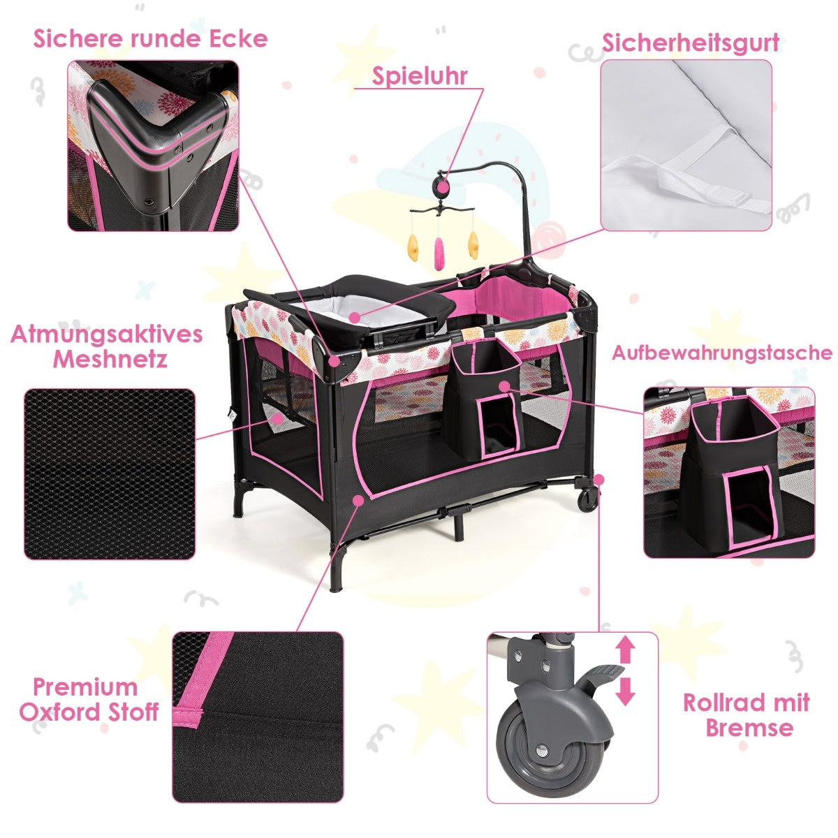 Coast Babybett 4 in 1 klappbares Reisebett und Beistellbett & Kommentar und Laufstall schwarz+rosa