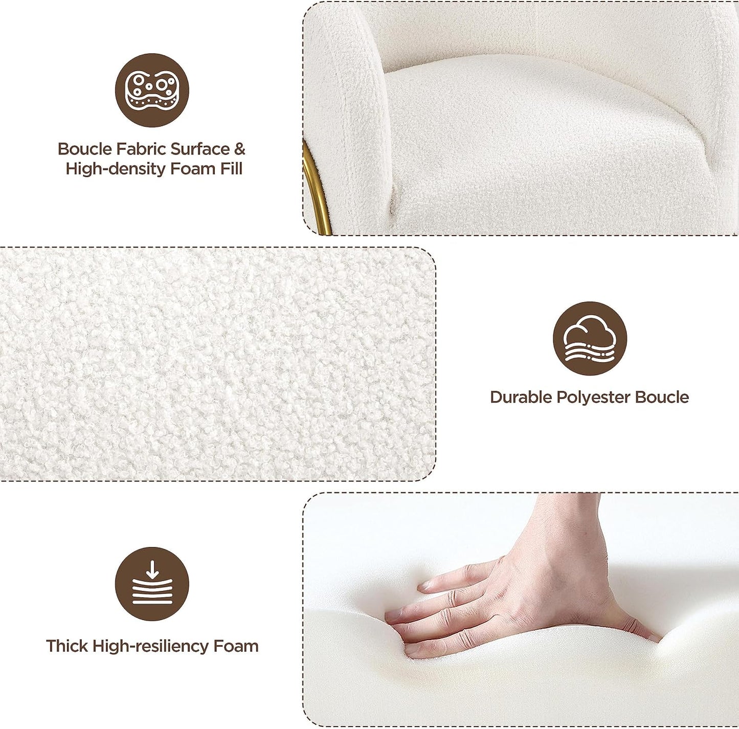 Yaheetech Akzentstuhl Luxuriöser Fassstuhl Bouclé – Goldene V-Beine – Elfenbein – 69 x 69 x 72 cm