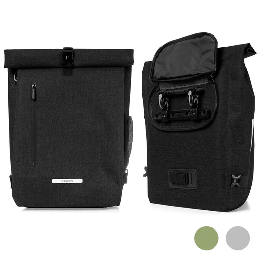 LifeGoods Single Bicycle Bag - Kompakt - Umhängetasche und Rucksack - 25L - Runder Gepäckträger - Wasserdicht - Schwarz