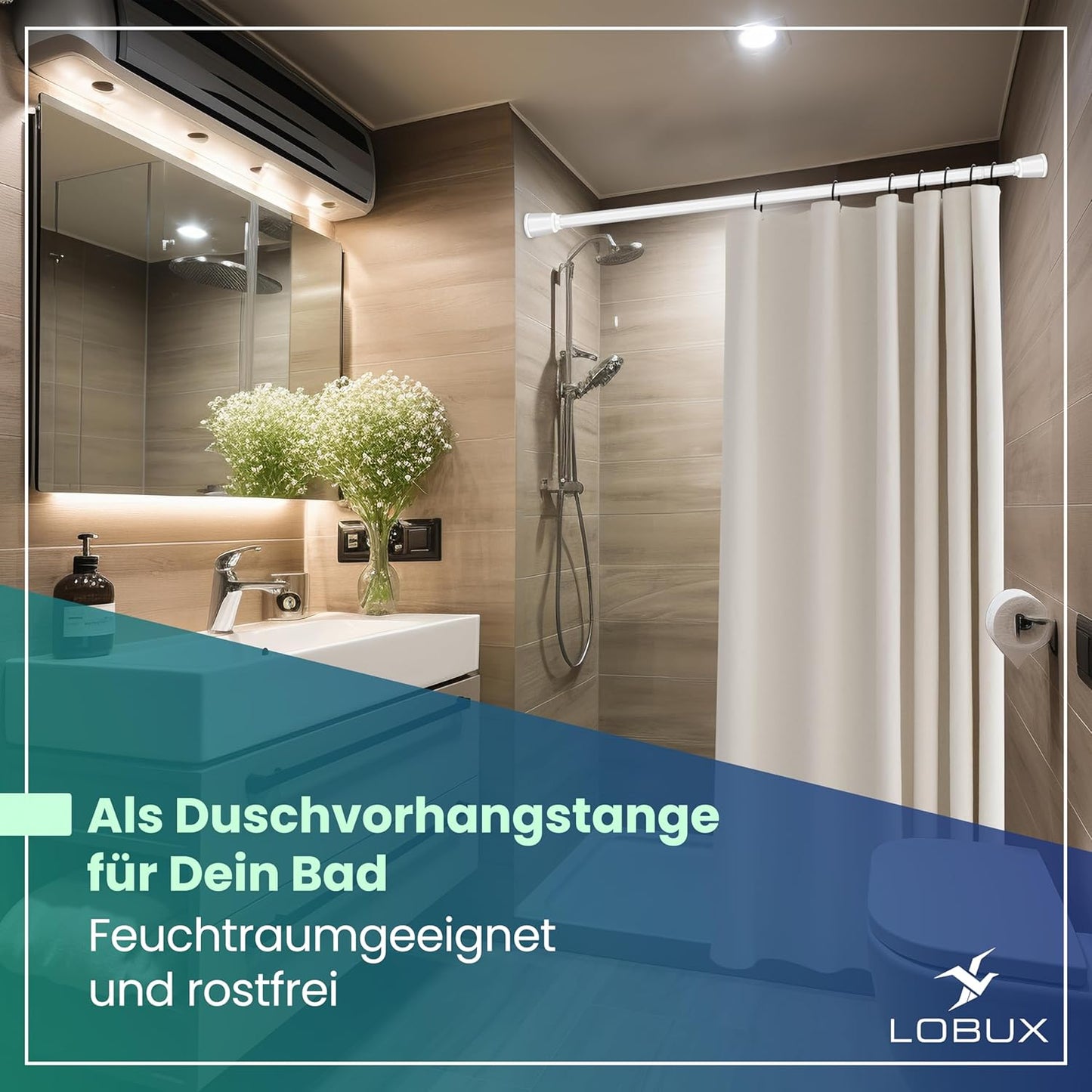 LOBUX® - Gardinenstange ohne Bohren [weiß, 110-250cm] - Teleskopstange Gardinenverlängerung - Duschstange ohne Bohren - Gardinenstange, Duschvorhangstange, Kleiderstange, Klemmstange Katzennetz