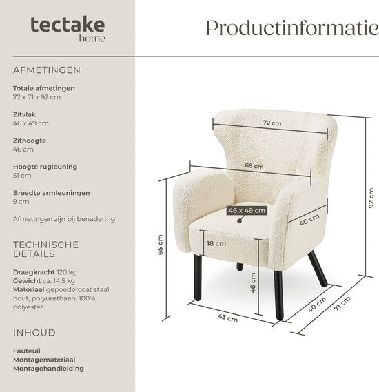 tectake - Sessel Vänersborg - Dick gepolsterter Relaxsessel mit Bouclé-Polsterung - Sessel mit breiten Armlehnen und ergonomischer Rückenlehne - Höhenverstellbare Beine mit Bodenschutz - Beige/Creme
