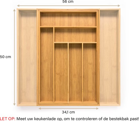 Budu - Erweiterbare Bamboo Besteckkassette - Besteckschublade - 50 x 34.1 x 56 cm - 6/8 Fächer - Holz