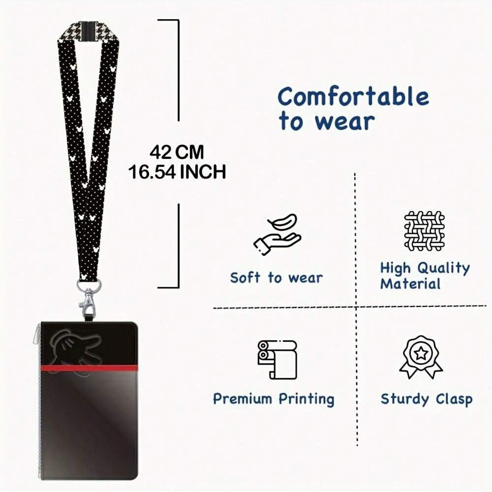 Disney Mickey-Mouse-Lanyard-Kartenetui, offiziell lizenziert, Hahnentrittmuster, Film- und Anime-Motiv, stilvolles Accessoire, schwarz