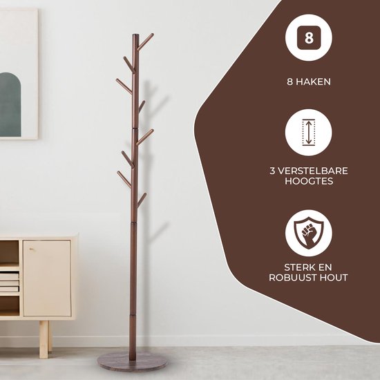 Bayt Garderobe - Stehende Garderobe - Garderobenständer Holz - Garderobenständer - 8 Haken - 175 cm - Braun