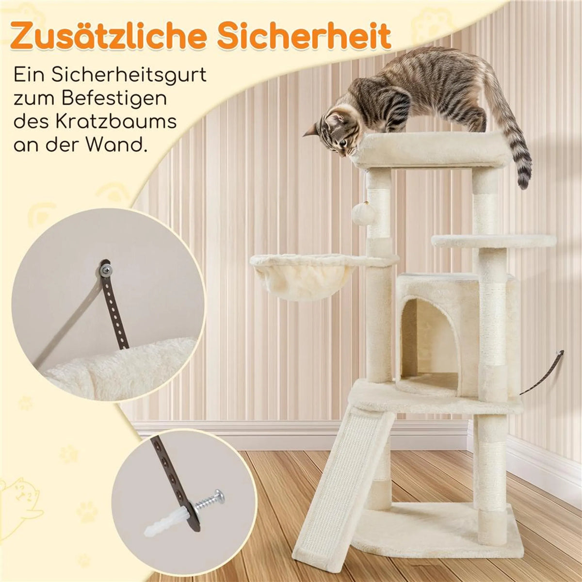 Yaheetech Mittelgroßer Kratzbaum - 43,5 x 43,5 x 106 cm - Mit großzügiger Aussichtsplattform und Hängematte und Katzenkorb mit 5 Sisalstäben - Für Kätzchen und mittelgroße Katzen - Beige Plüsch und Spanplatte