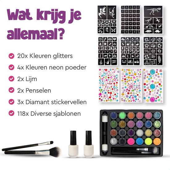 Partizzle Komplettes Bio Glitter Tattoo Set - Mädchen / Jungen - Schminkschablonen, Kleber und Pinsel - Face Fake Neon Tattoos Bastelset - Karneval Geschenk Basteln für Kinder - 24 Farben / Biologisch abbaubar