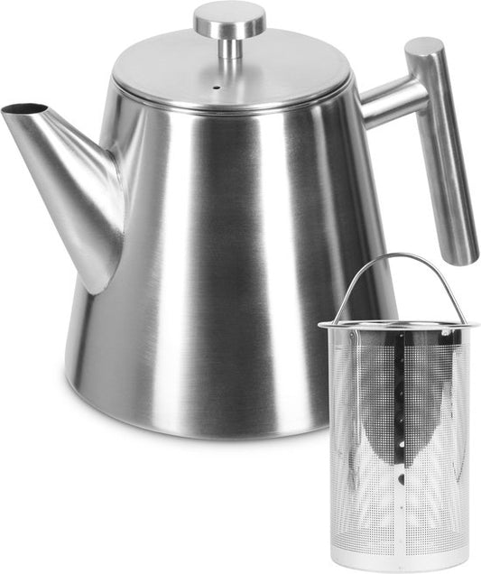Castagnola Teekanne mit Filter - Doppelwandig - Edelstahl Thermoskanne - 1 L - Edelstahl - Gebürstetes Silber