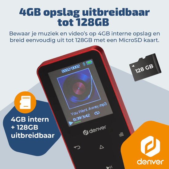 Denver MP3/MP4-Player – Bluetooth – Zufallswiedergabe/Wiederholung – SD-Karte bis zu 128 GB – inkl. Ohrhörer – Diktiergerät – MP1830R – Rot