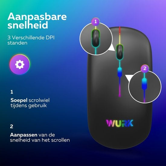 Wurk Wireless RGB Mouse - Wiederaufladbar - Bluetooth 4.0 - 2.4GHz - USB - Drahtlos - Computermaus - Laptop - PC - Schwarz