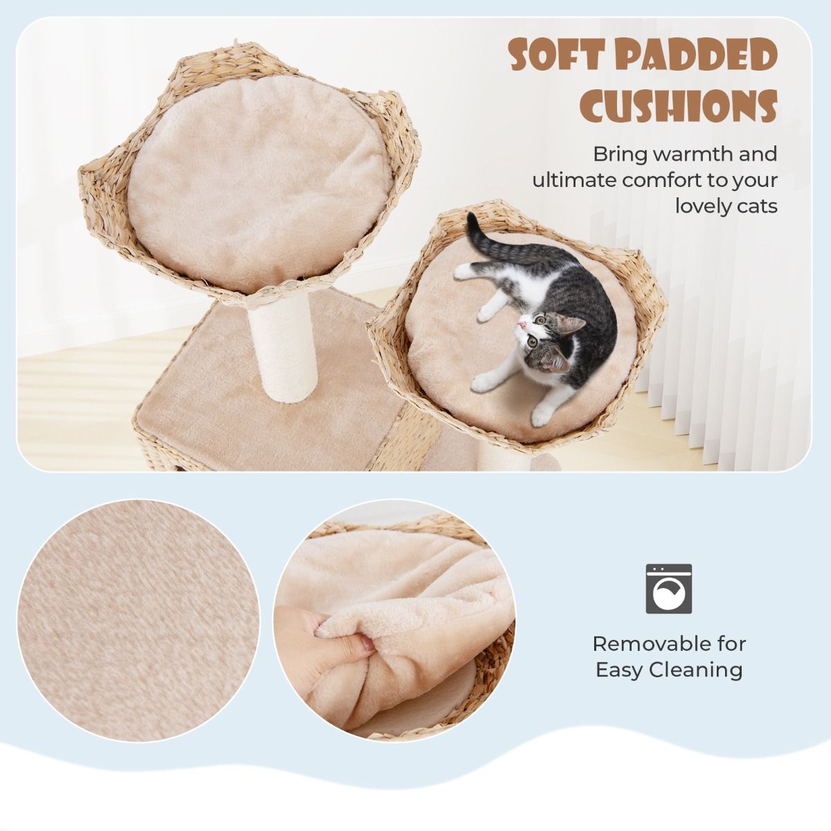 Coast Kratzbaum für Katzen – 4 Ebenen – Sisal-Kratzbäume – waschbare Kissen – beige 122 cm