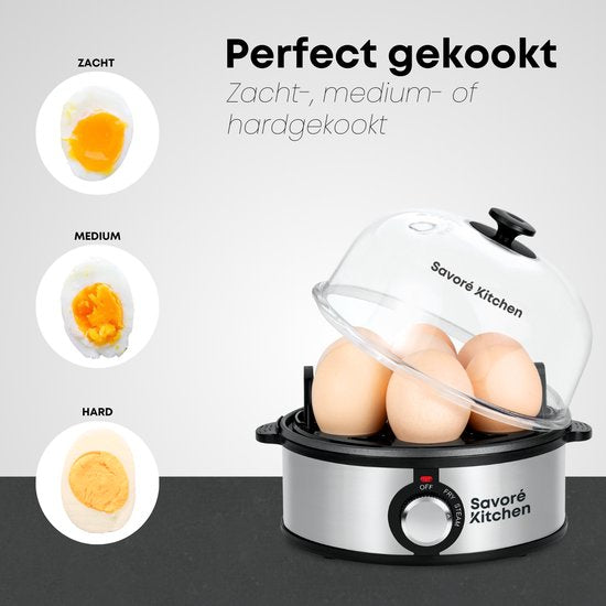 Savoré Kitchen 4-in-1 Eierkocher 7 Eier - Antihaft-Bratplatte - Elektrisch - Eierkocher mit Zeitschaltuhr