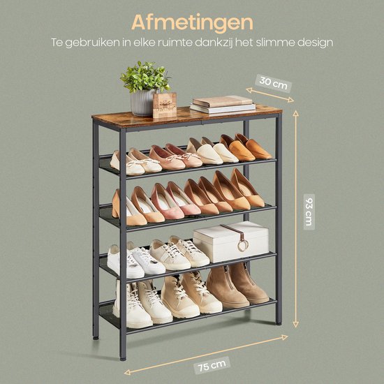 O'DADDY® Schuhregal - 5 Schichten - Schuhaufbewahrungssystem - Schuhregal - Schuhschrank - Schuhschrank - Industriedesign - Braunes Holz - Schwarzes Metall