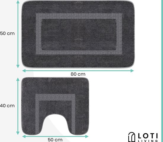 Loti Living Badematten-Set mit Toilettenvorleger rutschfest - Duschvorleger - Badezimmervorleger - Bodenvorleger - Badematten-Set Toilettenvorleger - Badematten-Set rutschfest - Grau - 50x80 cm + 50x40 cm