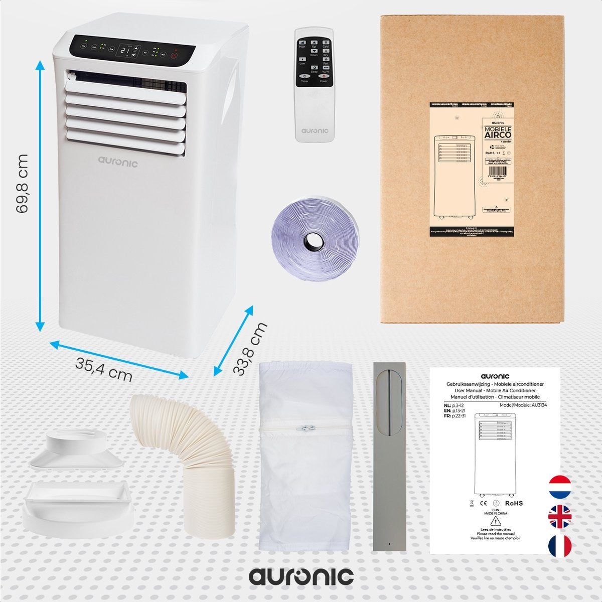 Auronic Mobile Klimaanlage - 4 Stufen - Mit Fernbedienung und Fensterdichtungssatz - Für 15-35 m2 - Weiß