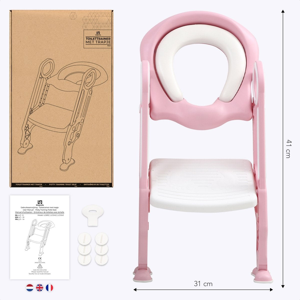 LifeGoods Toilettensitzverkleinerer - Mit Treppe - Töpfchen Kleinkind - 2 bis 7 Jahre - Rosa/Weiß