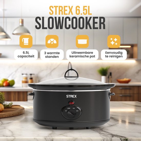 Strex Slowcooker 6.5L - Herausnehmbarer Keramik-Innenbehälter - Warmhaltefunktion - Slow Cooker - Schwarz