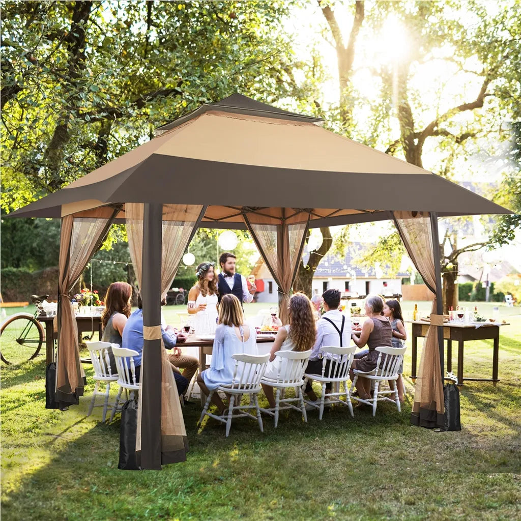 Yaheetech Partyzelt - 4 x 4 m - zusammenklappbar - Gartenpavillon - Mesh-Wände - verstellbar - 271-291 cm - Khaki/Braun