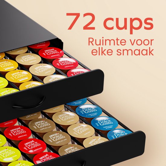 KitchenBrothers Kapselhalter - Kaffeetassenhalter - mit Schublade - Geeignet für Dolce Gusto - 72 Kapseln - Edelstahl - Schwarz