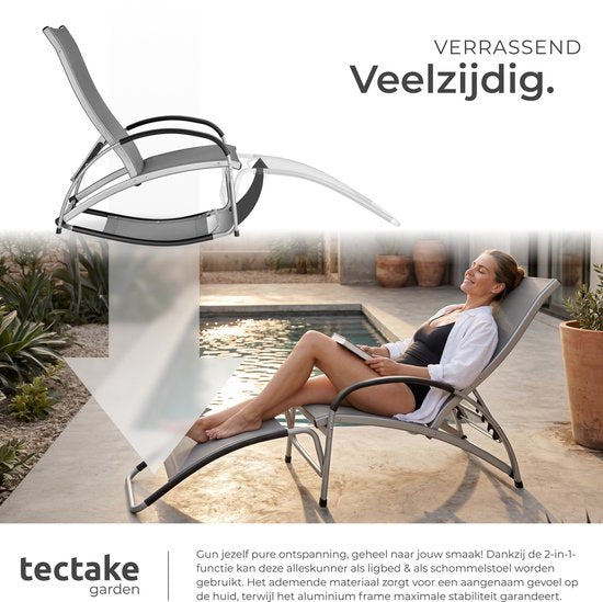 tectake® Liegestuhl Avignon – 2-in-1 verstellbarer Liegestuhl – Schaukelstuhl für den Außenbereich – Wetterfester Rahmen und wasserabweisendes, atmungsaktives Gewebe – Gartenstuhl – Balkonstuhl - 195 cm lang - Anthrazit