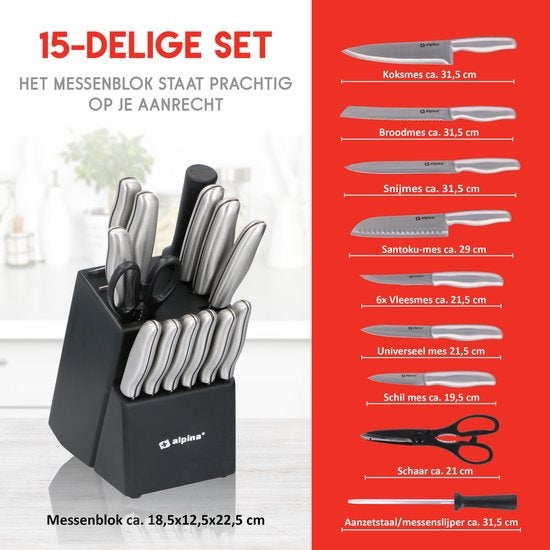 alpina Messerset - Messerblock - 15-teilig - Edelstahl - Schwarz/Silber