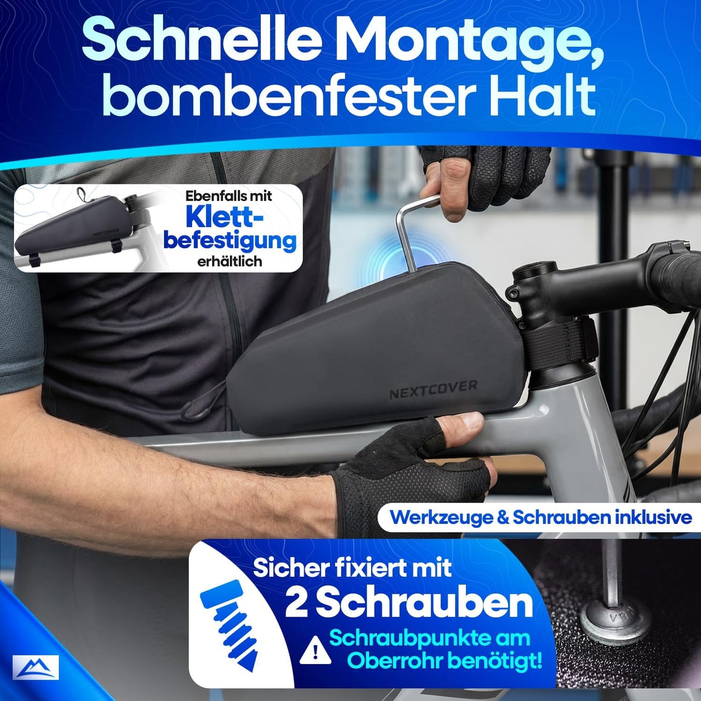 Nextcover® - Bikepacking Oberrohrtasche - Schraubbar - Wasserdicht - Kompakter Rahmen - Für Gravelbike, Rennrad, MTB - Schwarz