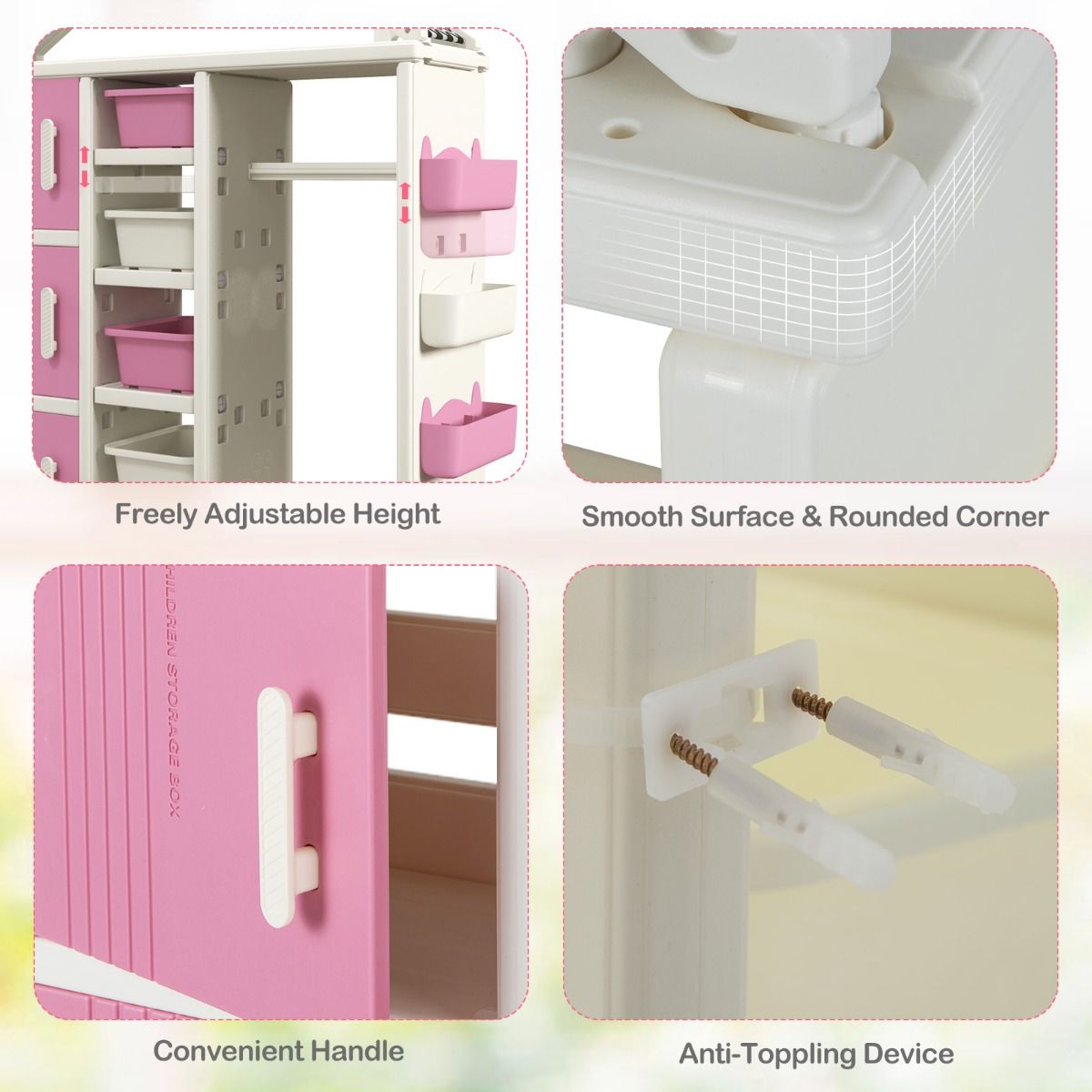 Coast House-förmiges Kinder-Bücherregal mit Garderobe - Kinderzimmer-Spielzeugschrank mit Seitenkörben, 4 Aufbewahrungsboxen und verstellbaren Einlegeböden - Rosa/Weiß - 130×34×156,5 cm