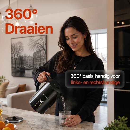 KRAFT Wasserkocher mit Temperaturregelung – 1,7 Liter – LED-Touch – Schwarz – 2200 W