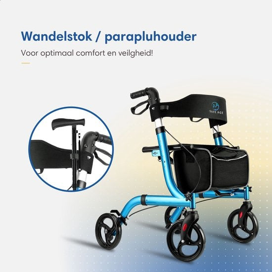 Safe Age - Rollator - leicht und faltbar - Sitzfunktion - für Innen- und Außenbereich - Rückenlehne und Gehstockhalterung