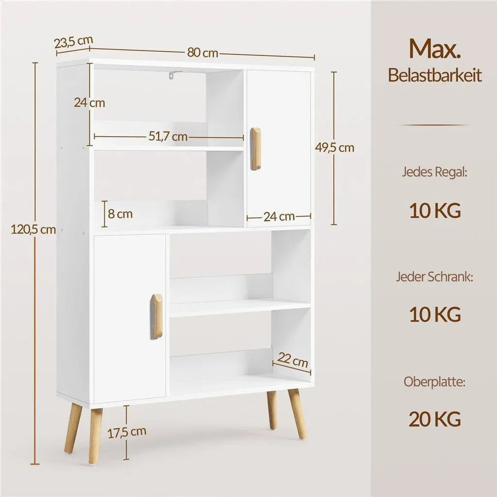 Yaheetech Bücherregal 80 x 23,5 x 120,5 cm – Weiß – Aufbewahrungsschrank mit 2 Türen und 4 offenen Fächern