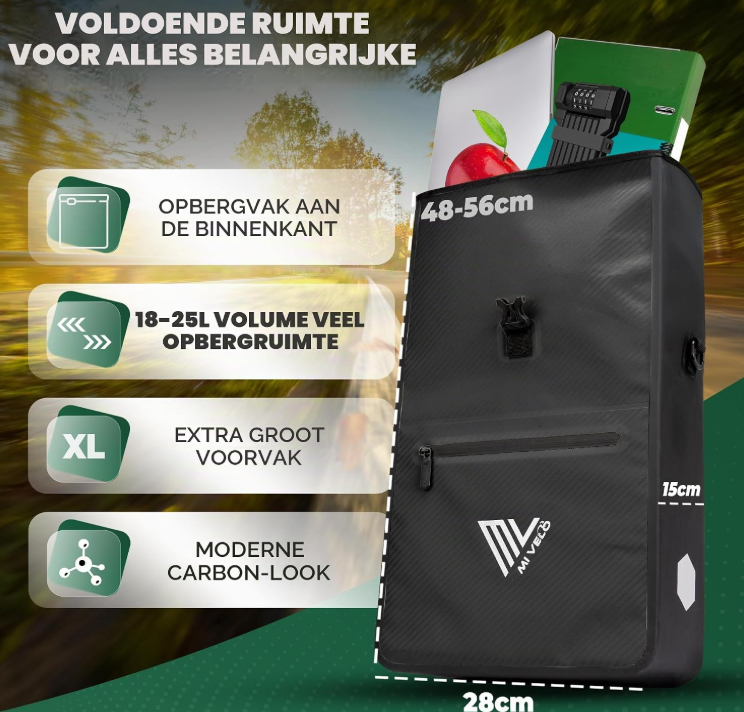 MIVELO 2-in-1-Fahrradtasche für den Gepäckträger – Schwarz Carbon – 25 Liter – Wasserdicht, Quick-Connect