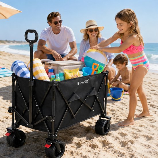 BRASQ Klappbarer Handwagen – 165 Liter – 100 kg Tragkraft – Schwenkbare Räder mit Bremse – 90 x 52 x 110 cm – Verstellbarer Griff – Zusammenklappbarer Handwagen – Schwarz