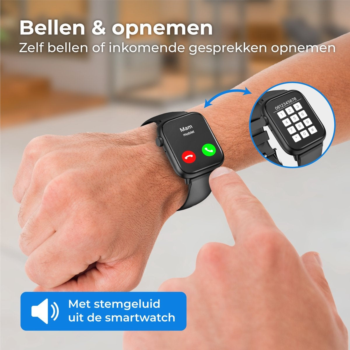 Nuvance Smartwatch Männer & Frauen - 45mm - Für iOS & Android - Schrittzähler und Herzfrequenzmesser - Wasserdicht - Schwarz