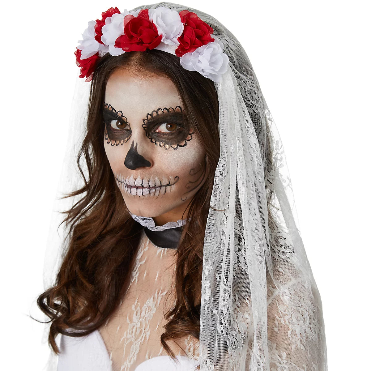 DressForFun Gruseliges Skelett-Brautkostüm für Damen – Mit hochstehendem Spitzenkragen, gepolsterten Cups und Schleier – Für Halloween und Karneval – Schwarz-weißes Polyester – Größe S