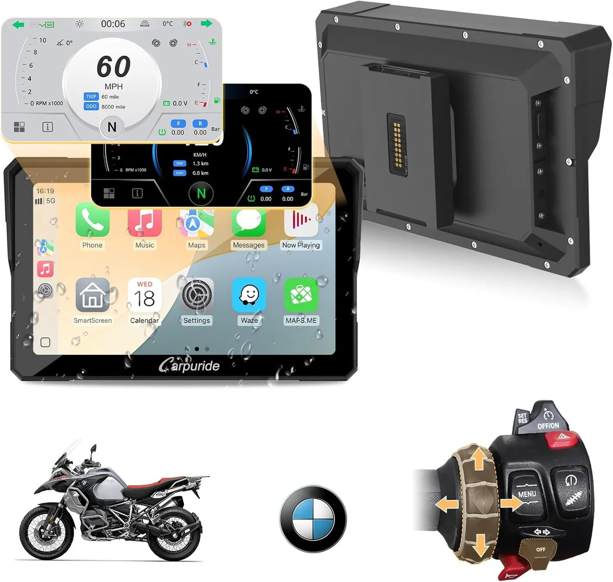 Carpuride W702BS Pro 7-Zoll-CarPlay-Bildschirm für Motorräder – BMW Wonderwiel – Drahtloses CarPlay & Android Auto – Wasserdicht – Schwarz