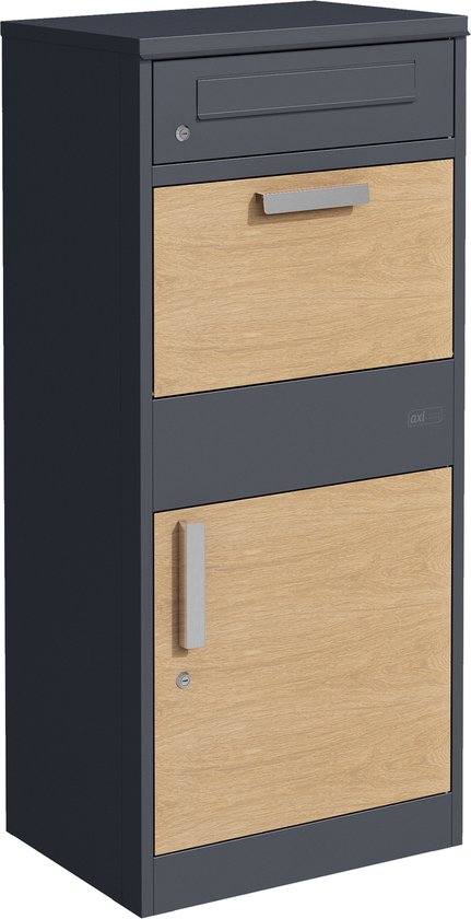AXI Levi Paketbriefkasten aus Metall, anthrazit/Holzoptik – Paketbox für mehrere Pakete – Inklusive Schloss und separatem Fach für Post – 50,6 x 38,3 x 112 cm