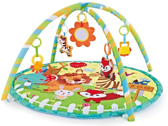 FUEGOBIRD – Baby-Spielmatte – Colorful Zoo – Deluxe-Spielmatte – Spielzeug zum Erkunden von Farben und zum Greifen – Schöne Klänge – Förderendes Spiel für Babys ab 2 Monaten – Rund