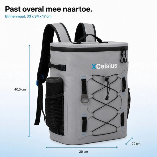 XCelsius® Kühltaschen-Rucksack 20 Liter – Kühltaschen-Rucksack mit 2 Kühlelementen und Flaschenöffner – Mindestens 24 Stunden Kühlleistung – 100 % wasserdicht – Kühltaschen-Rucksack für Strand, Festival, Boot und Camping – Grau