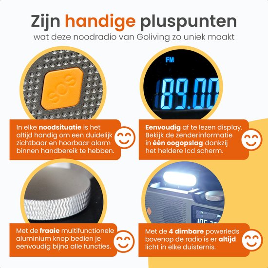 Goliving Emergency Radio - 17 x 9 x 4 cm - Tragbares Radio - Powerbank Solar aufrollbar - Taschenlampe aufladbar - Digitaler Wecker - Bluetooth - 10000 mAH - 80 dB - Schwarz