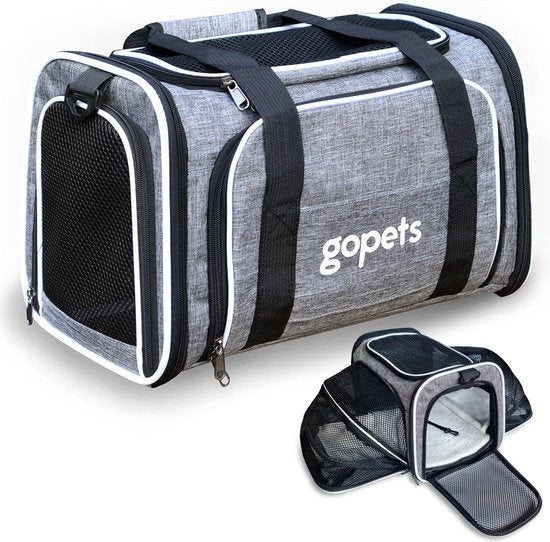 Gopets Tragetasche Hund und Katze - Hundetasche - Reisetasche - Katzentasche - Geeignet für Flugzeuge - Bis zu 9,5 kg - Grau - 46 x 28 x 28 cm - L