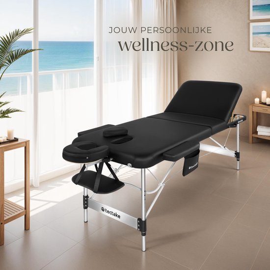 tectake 3 Zonen Massageliege - Behandlungsliege inkl. Tragetasche - 5 cm starke Polsterung - Aluminiumrahmen - 78 cm breit - 230kg Belastbarkeit - Inkl. 15 Kopfstützen - Schwarz