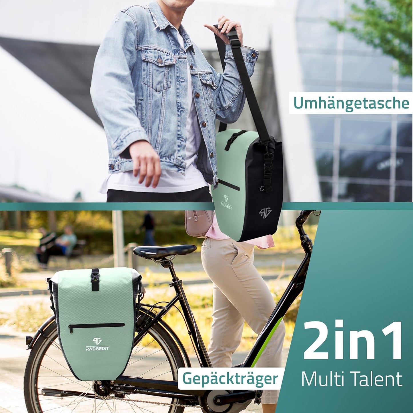 RADGEIST Gepäckträgertasche für Fahrradträger Set - 2X Tasche für Fahrradträger - Gepäcktasche wasserdicht & Umhängetasche - Gepäckträgertasche mit Reflektoren