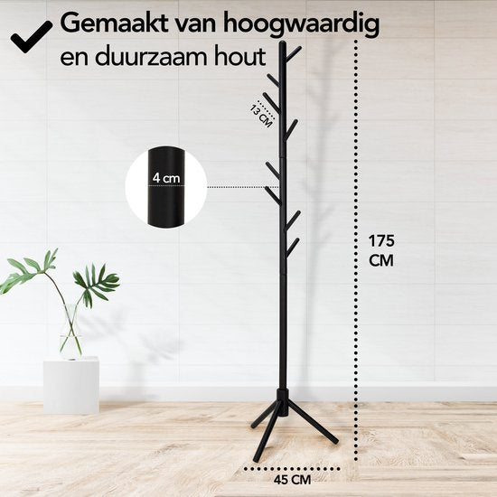 Brixy Garderobe - Stehende Garderobe - 8 Haken - 175 cm - Garderobe Holz - Garderobenständer - Schwarz