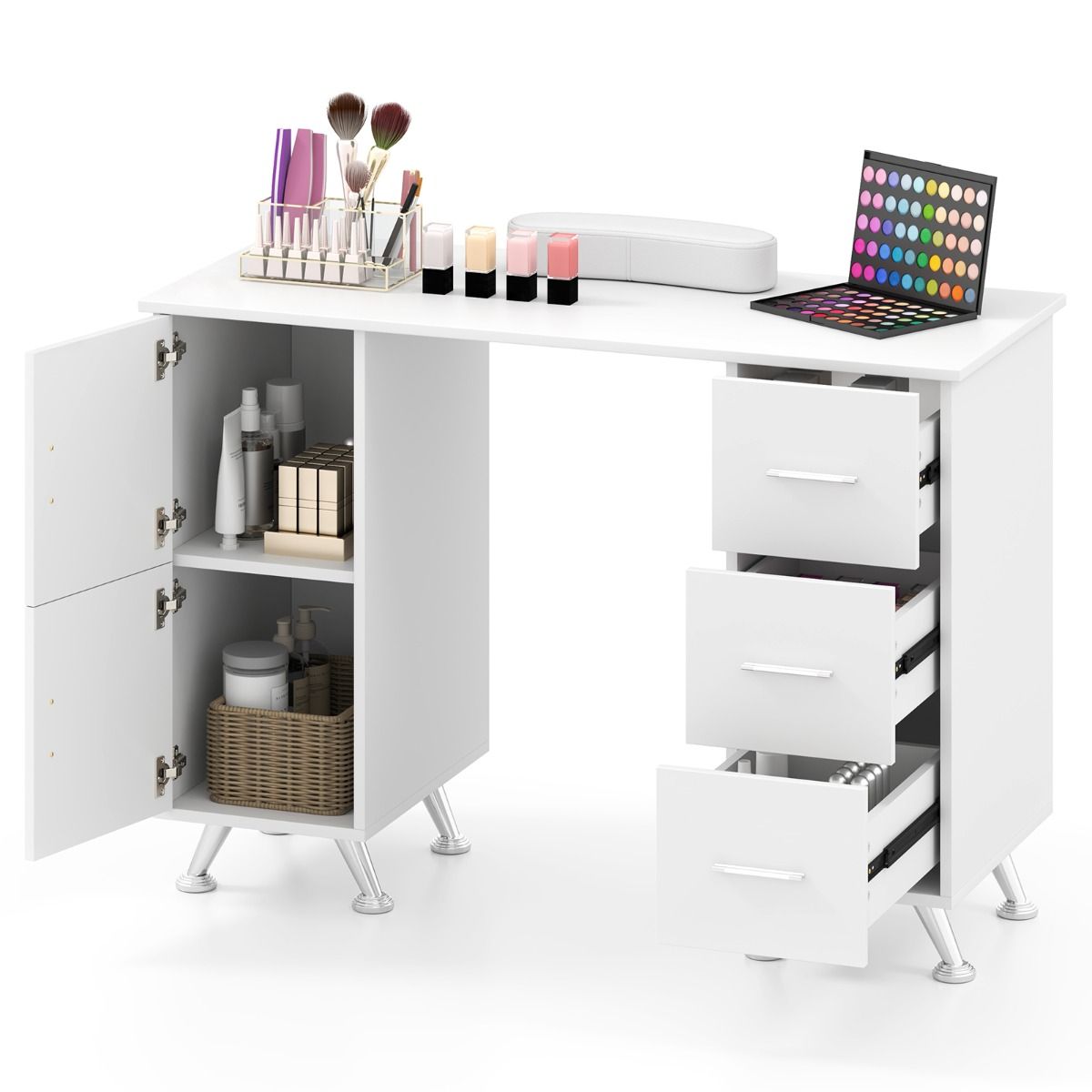 Coast Professional Manikürtisch 108 x 45 x 76 cm Weiß mit 2 Schränken, 3 Schubladen und Handgelenkstütze für Nagelstudio und Schönheitssalon