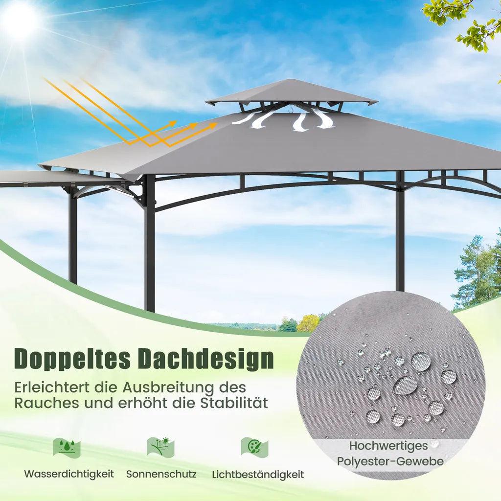 Coast wetterfester Grillpavillon 318 × 153 × 250 cm – Grillüberdachung mit Seitenmarkise, Doppeldach, Seitentischen, Haken und Flaschenöffner – Grau/Schwarz