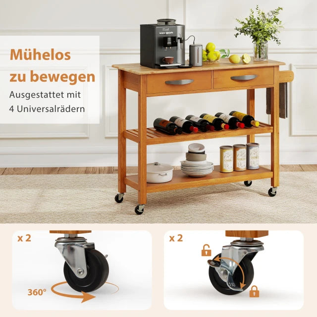 Coast Kitchen Trolley Wood - Mobiles Küchenregal mit 2 Schubladen und 2 Ablagen - 106 x 43 cm