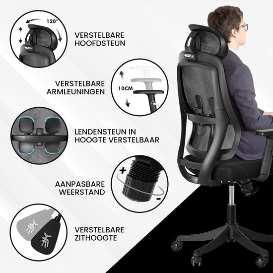 Bayt Ergonomischer Bürostuhl - Bürostuhl - Bürostuhl Erwachsene - Bürostuhl - Verstellbar - Kopfstütze - Schwarz