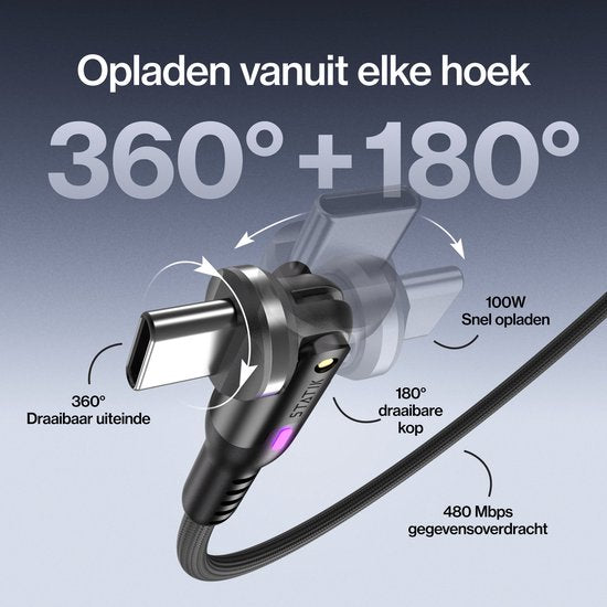 Statik PowerPivot Pro USB-C-zu-USB-C-Kabel 2 m – 100 W – 480 Mbps Datenübertragung – Nylongeflochten – Schwarz