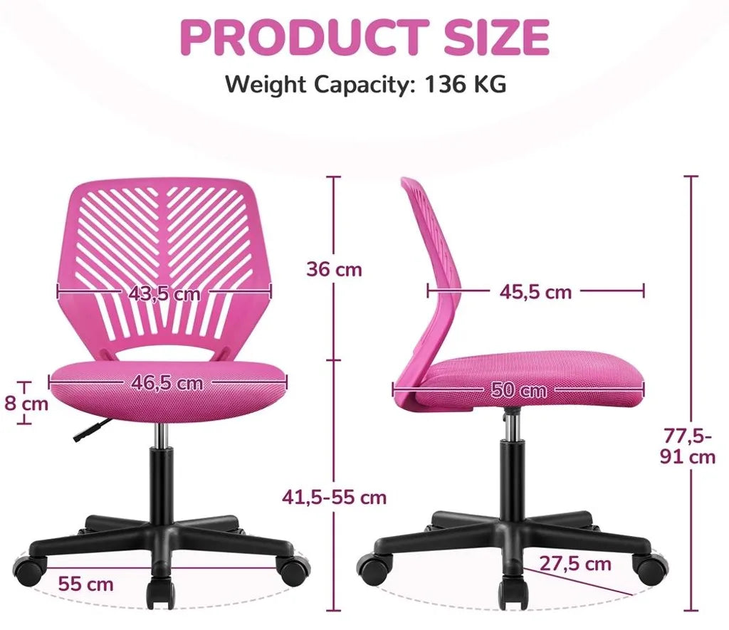 Yaheetech Bürostuhl, verstellbar, 50 x 55 x 79–92 cm – Rosa – Drehstuhl ohne Armlehnen